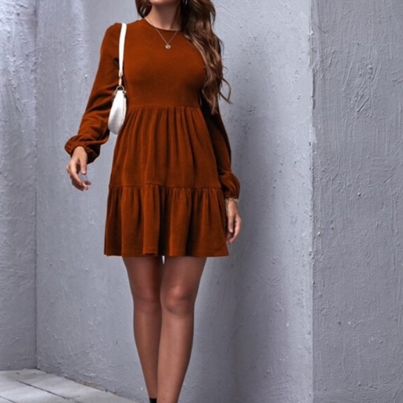 Rust Brown Ribbed Ruffle Mini Babydoll Dress - Picture 3 of 7